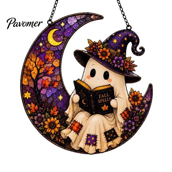 Whimsical Lawn Decor 2D Ghost Moon Pumpkin Acrylic Suncatcher, Halloween Window Home Garden Accents Hanging Ornament, Autumn Thanksgiving Yard