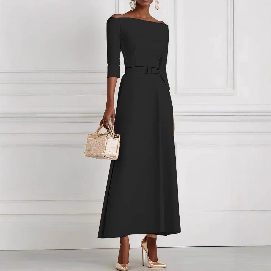 Women's clothing, spring and summer solid color fashion temperament waist one-word shoulder dress women