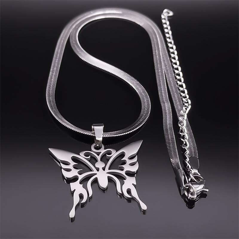 Butterfly Stainless Steel Hollow Choker Necklace for Women Silver Color Clavicle Snake Blade Chain Necklaces Jewelry N3343S05