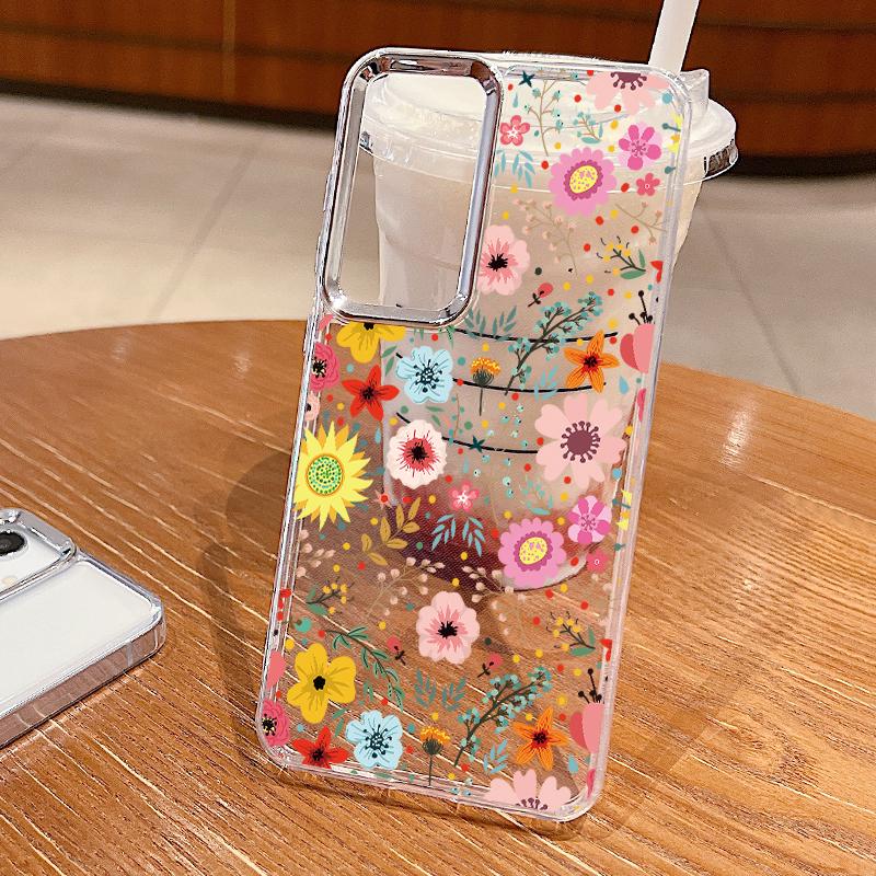 White Flower Pattern Case For Samsung S26 S25 Ultra S24 FE S23 Plus S22 S21 A15 A16 A17 A35 A36 A37 A54 A55 A56 A57 5G Plating Lens Soft Cover