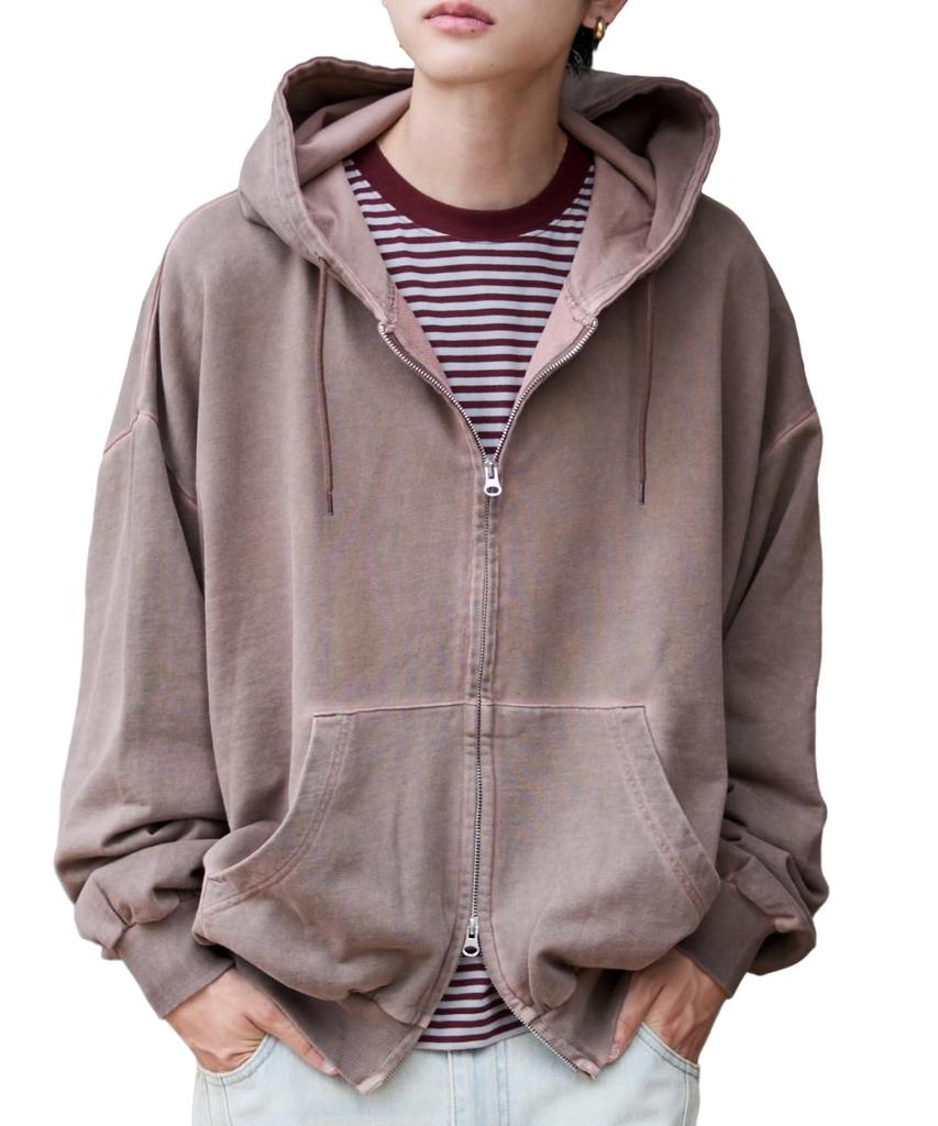 WEGO Balloon Big Double Zip Loose Solid Casual Size Brown Men's Hoodie, Fit, Color, Fall/Winter Streetwear, Gift, L,
