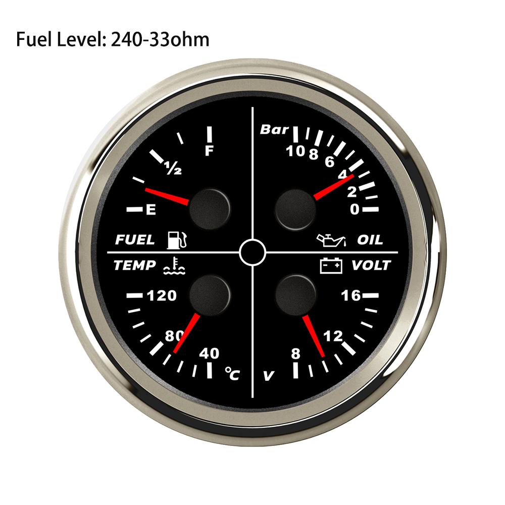 ELING 85mm 4 in 1 Multifunction Meter Oil Pressure 5Bar 10Bar 80PSI Water Temperature Oil Level 8-16V Voltmeter for Cars Ships