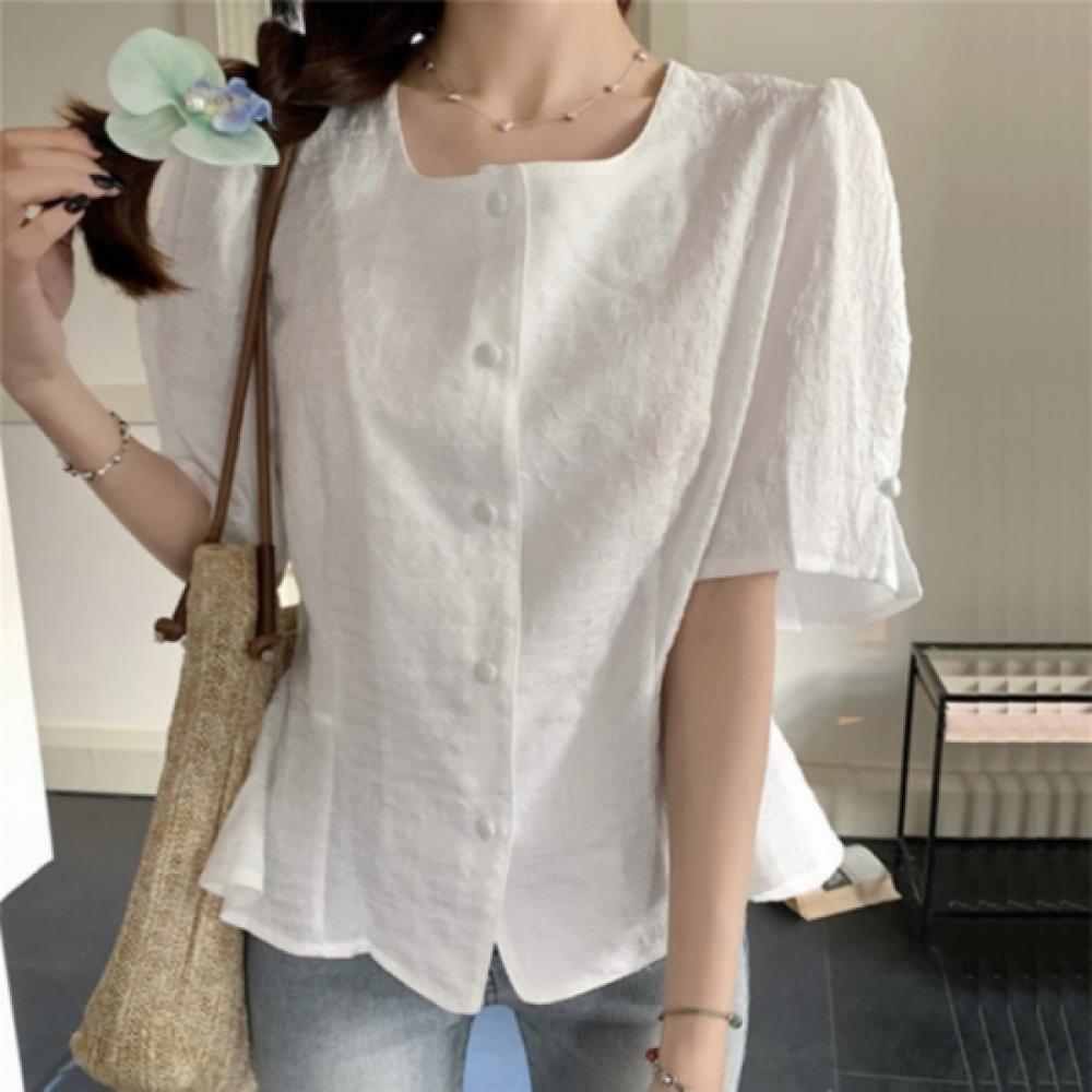 New Arrivals Open Run Women Classic Square Neck Button Detail Flare Short Sleeve