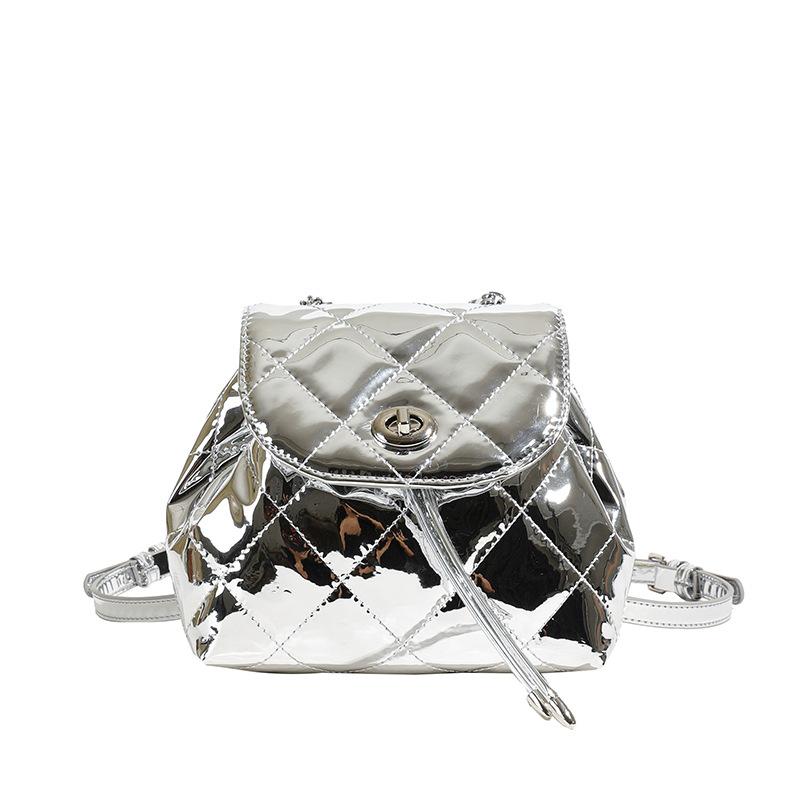 

Модный глянцевый рюкзак-ромб, женский универсальный маленький рюкзак с цепочкой серебряный