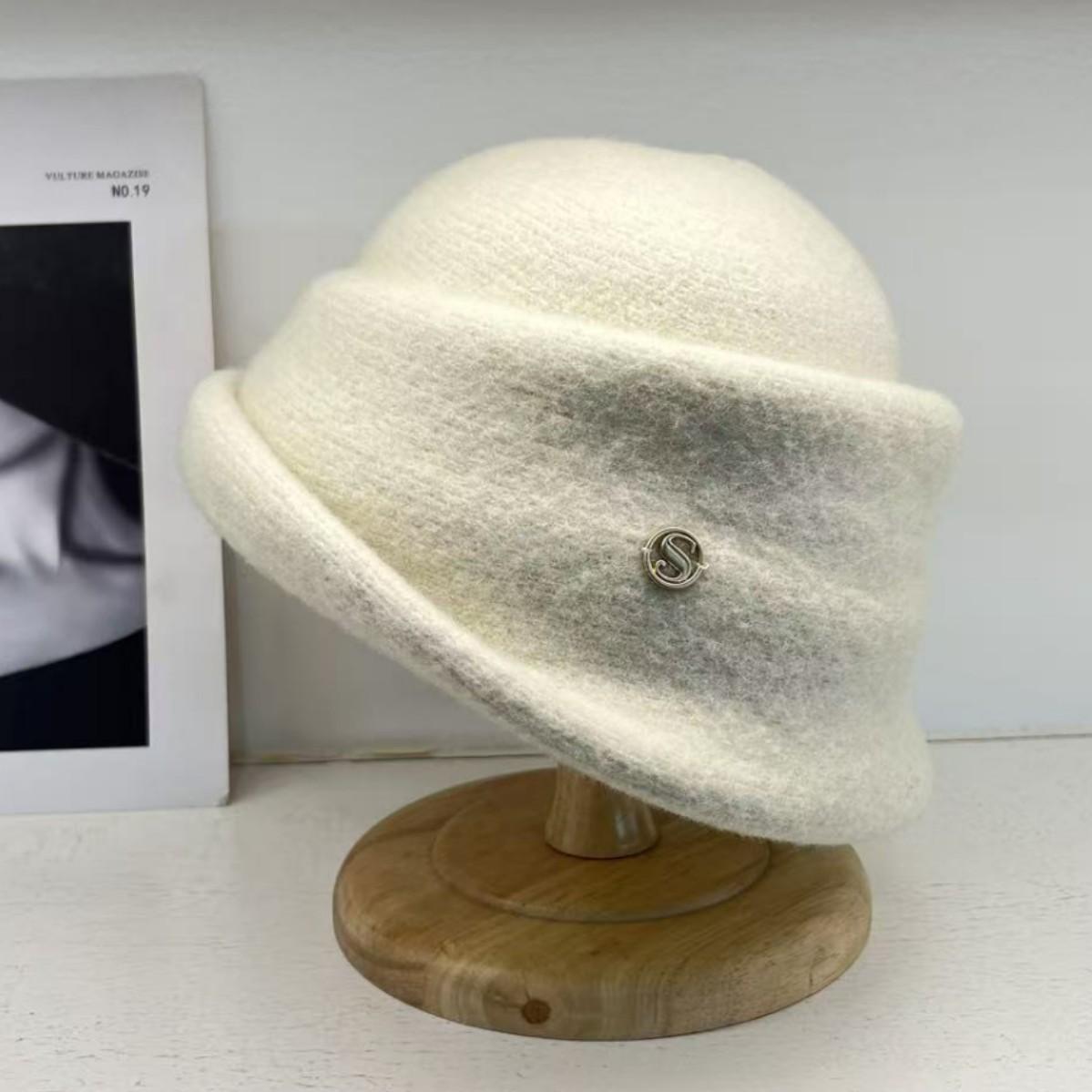 

Hepburn style elegant wool top hat women s autumn and winter temperament advanced sense bucket hat warm versatile golden hat M（55-58cm） слоновая кость