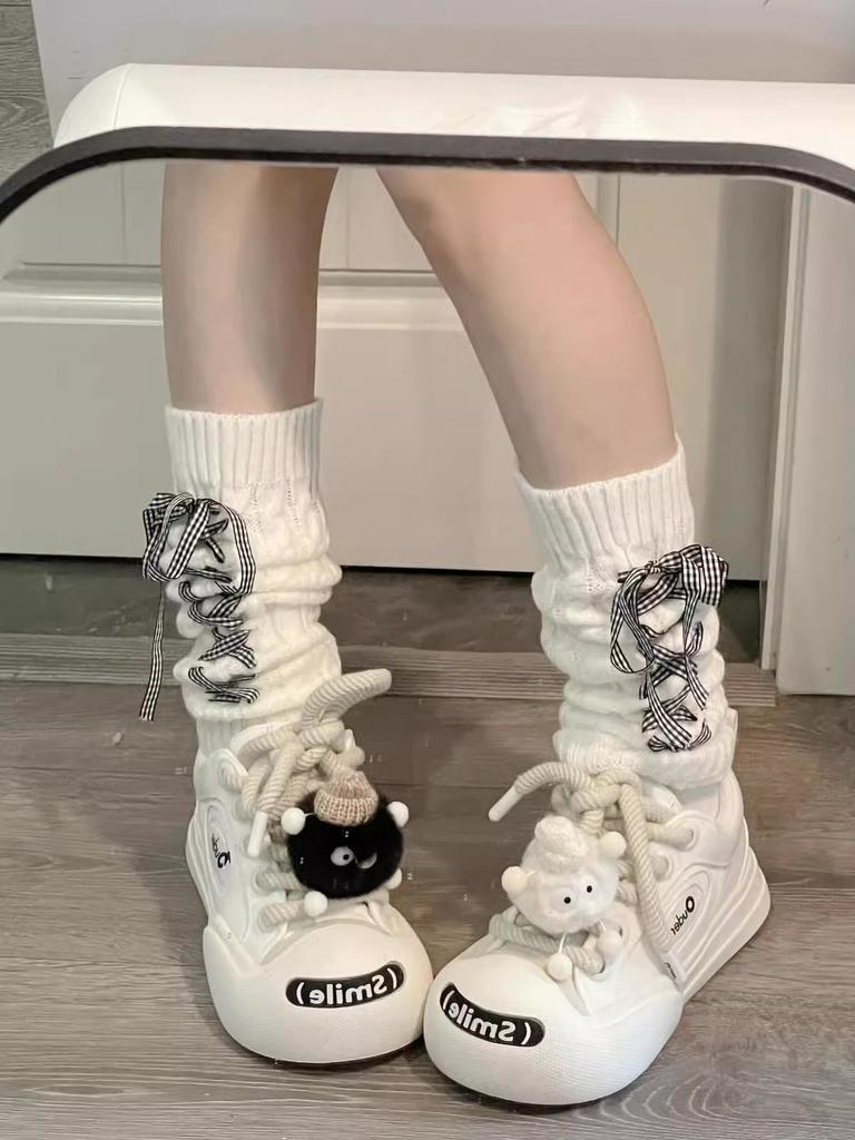 Woman Lolita Leg Warmer Autumn and Winter Ribbon Lolita Black Knee Warmers Long Socks JK Knitted Girl White Leg Warmers Stocking