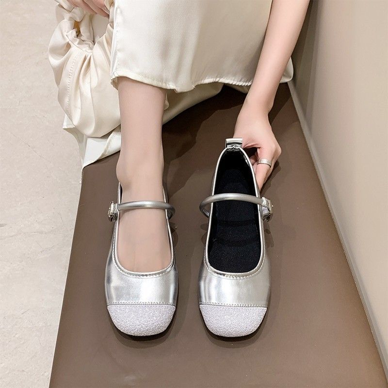 One Word with Retro Light Mouth Mary Jane Shoes 2025 New Summer Silver Evening Wind Soft Sole French Flat Sole Shoes Women