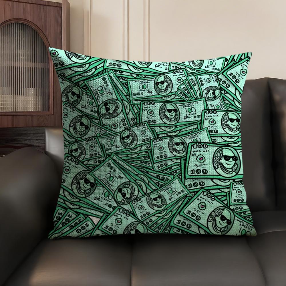 Popular Money Cushion Cover Summer Breathable Linen Organic Fabric Double-Sided Printing Sofa Pillow Case Home Decor