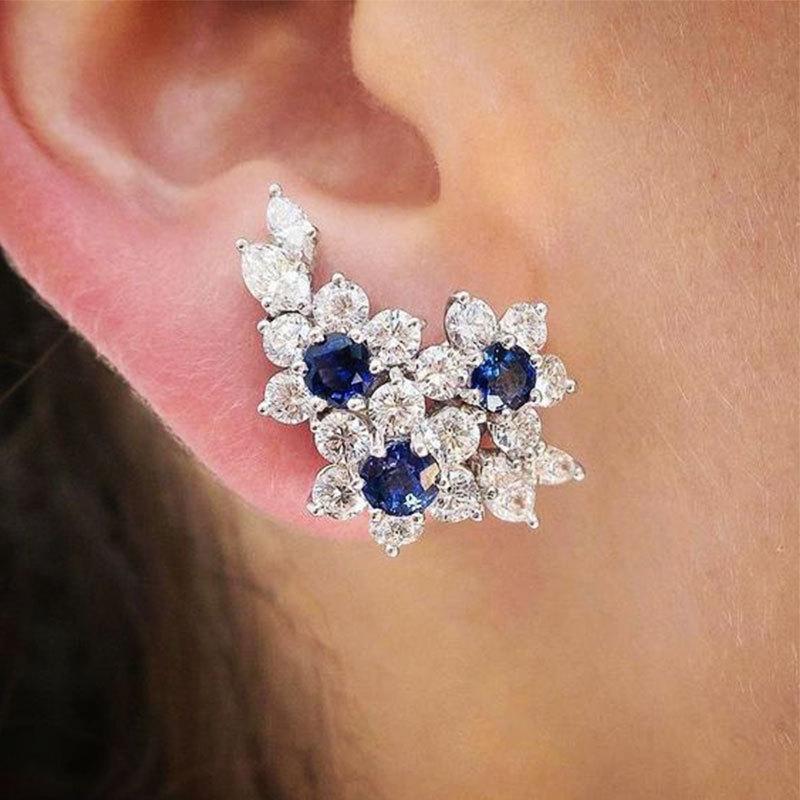 Blue and White Floral Cluster Stud Earrings for Women