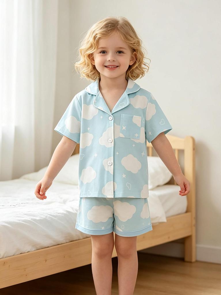 Girls Cloud Print Pajama Set, Soft Button-Down Short Sleeve Sleepwear, Cute Loungewear for 4-7 Years