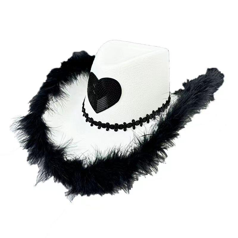 Rhinestone Love Heart Women Glitter Cowboy Hat Fur-edged Cowgirl Hats Women Funny Performance Costume Cosplay Hat for Wedding