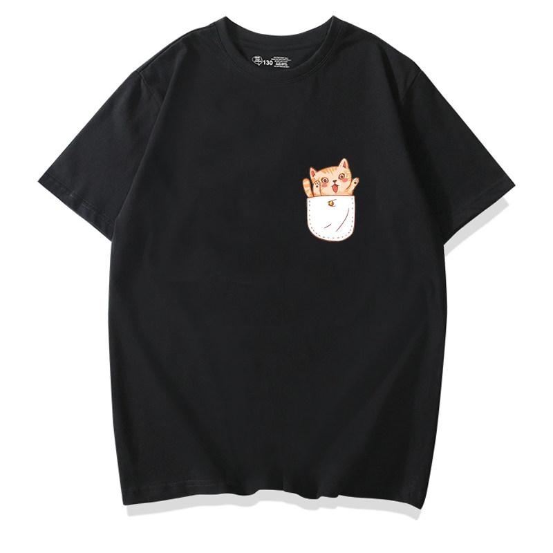 Healing Cute Pocket Cat Shiba Inu Pure Cotton Cartoon Printed Tshirt Summer New Unisexs and Unisexs Casual Loose Short Sleeve