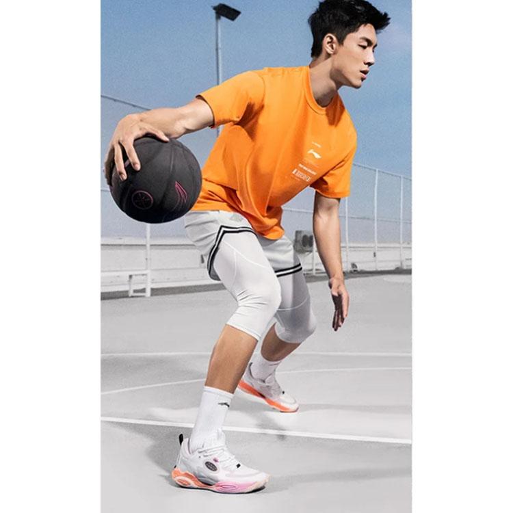 Li Ning Sports Basketball Series American Vintage Logo Print Elastic Waist Basketball Shorts Men Shorts Standard-White AAPT043-3