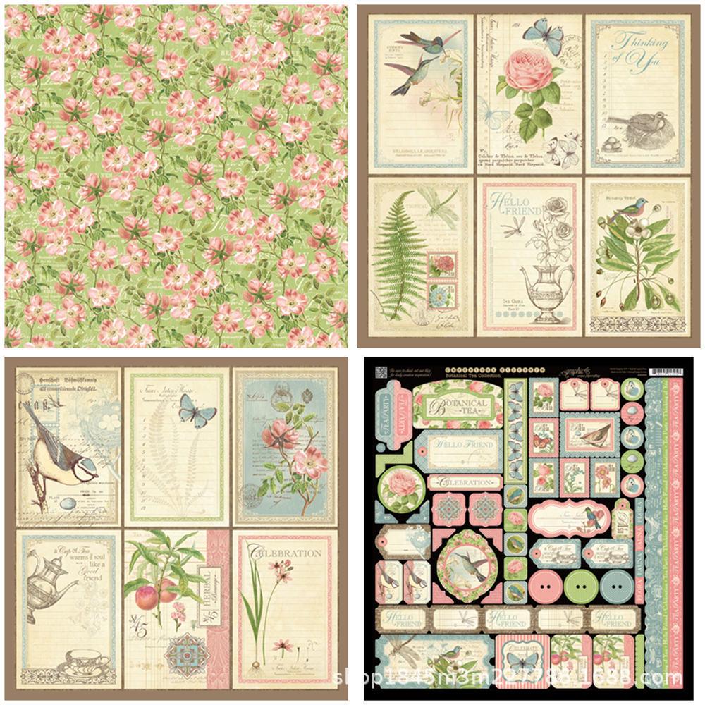 12 Sheets Retro Plant Tea Background Collage Paper for European and American Themes
