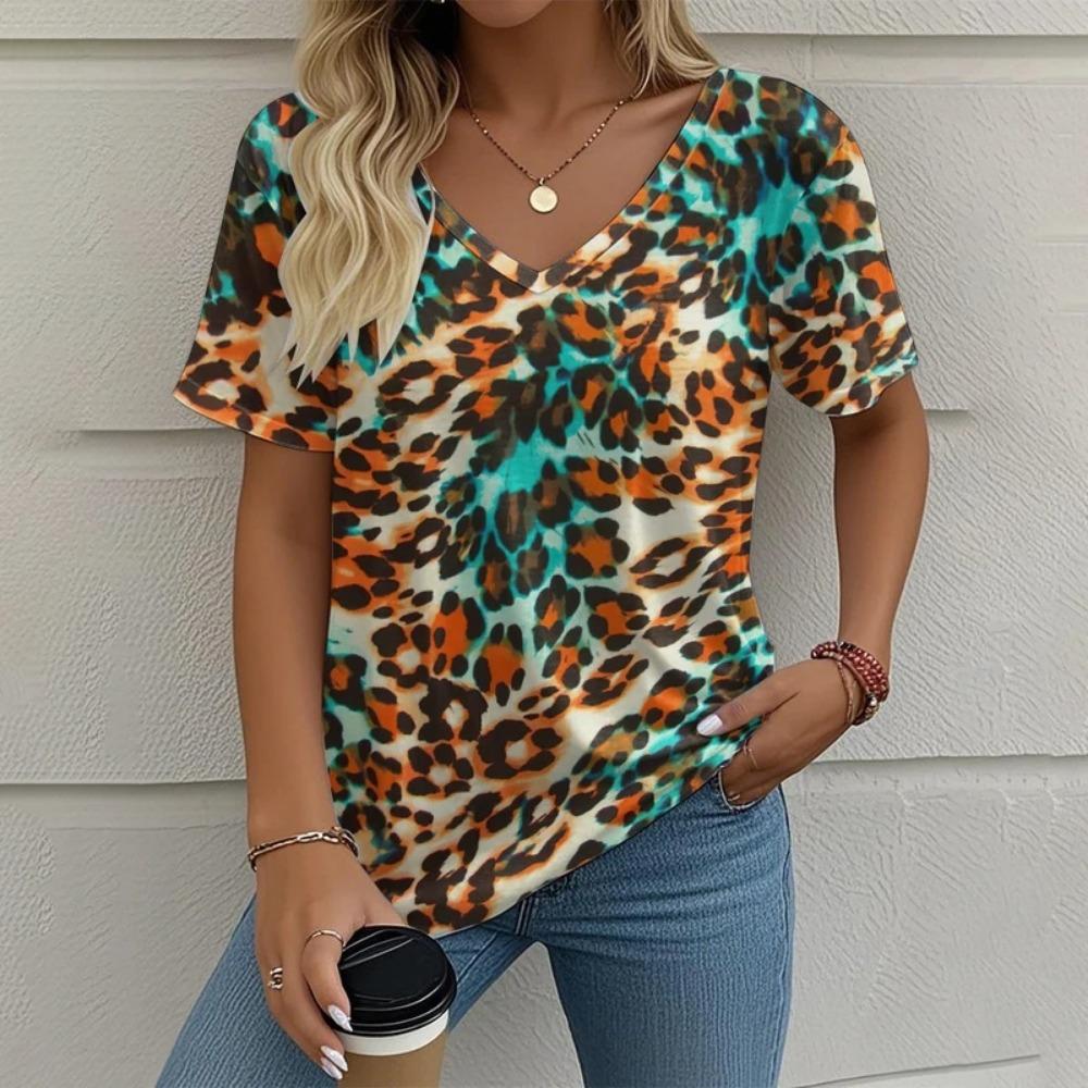 Women's Tribal Abstract Graphic V Neck T-Shirt, Short Sleeve Casual Tops, Yellow Brown Fashion Daily Outfit for Spring & Summer