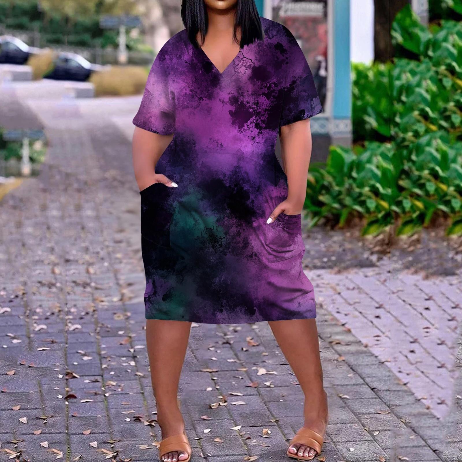 

Летнее повседневное платье больших размеров с V-образным вырезом и коротким рукавом, карманом на колене для женщин XXXXL