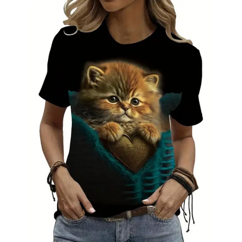 Summer Round Neck 3D Animal Print Top Fashionable Casual Short Sleeved Women's T-shirts
