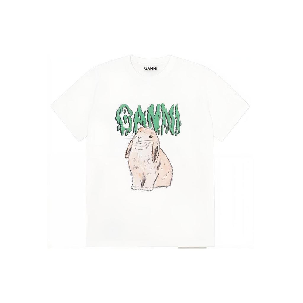 Ganni Rabbit Pattern Round Neck T-Shirt Women tops White T2778151