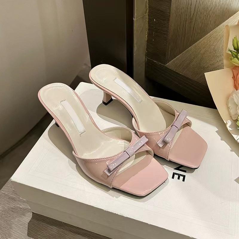 

Spring and Autumn 2024 New Fashion Versatile Bow Patent Leather Comfortable Versatile Thin Heel Square Head High Heel Slippers 40 рожевий