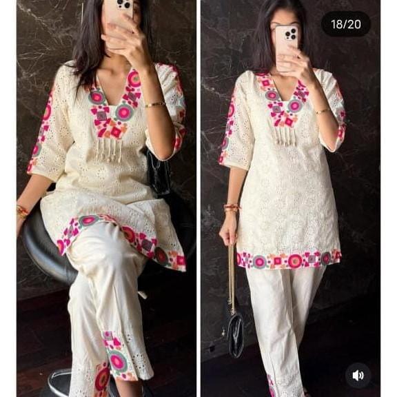 Beautiful Cotton Shiffley Kurta Pant Cord Set Indian Women Top Tunic Kurti Dress SC-2163