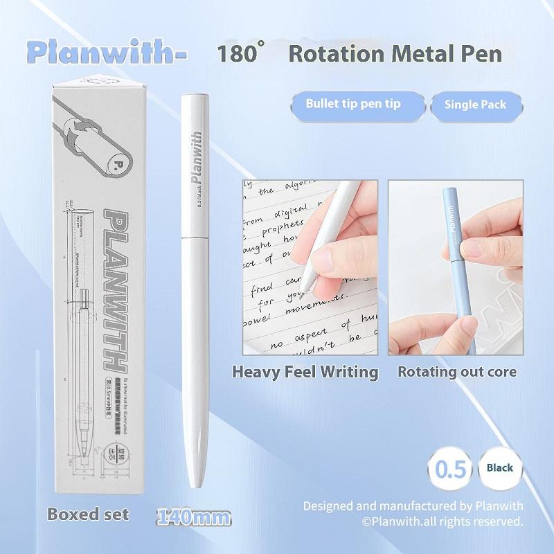 Planwith Rotating Metal Pen 0.5mm Aluminum Alloy Ballpoint Gel Pen 180° Anti-Roll Design Smooth Writing Office School Supplies