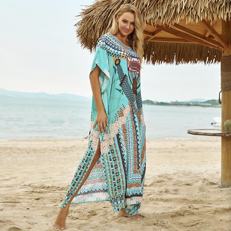Cotton Print Loose Plus Size Dress Beach Jacket Vacation Dress Bikini Blouse Swimsuit