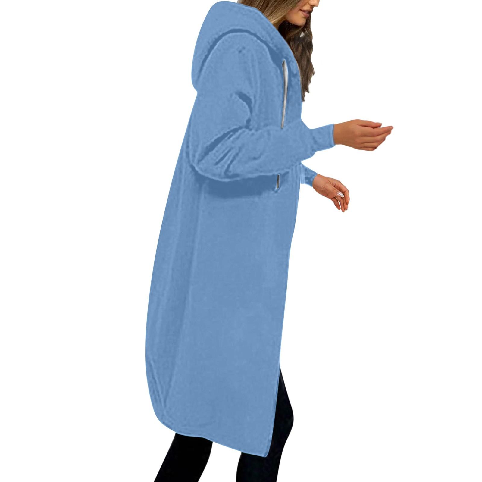 

Женские повседневные толстовки на молнии, длинная толстовка-туника, зимняя ветрозащитная куртка с капюшоном на шнурке, верхняя одежда с карманами S небесно-голубой