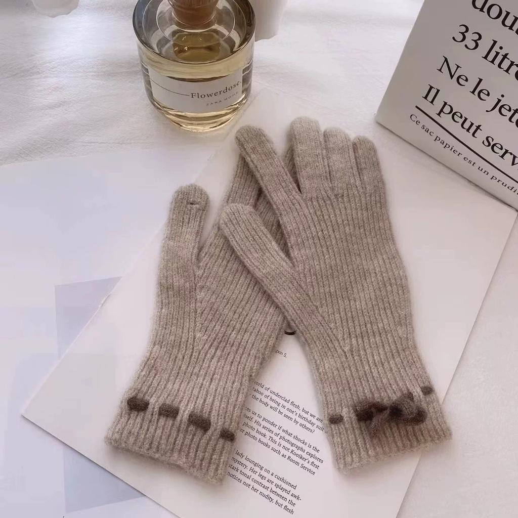 Student Cycling Gloves Autumn and Winter Cute Bow Knitted Gloves Female Students Split Finger Fingerless Gloves Autumn and Winter Warm
