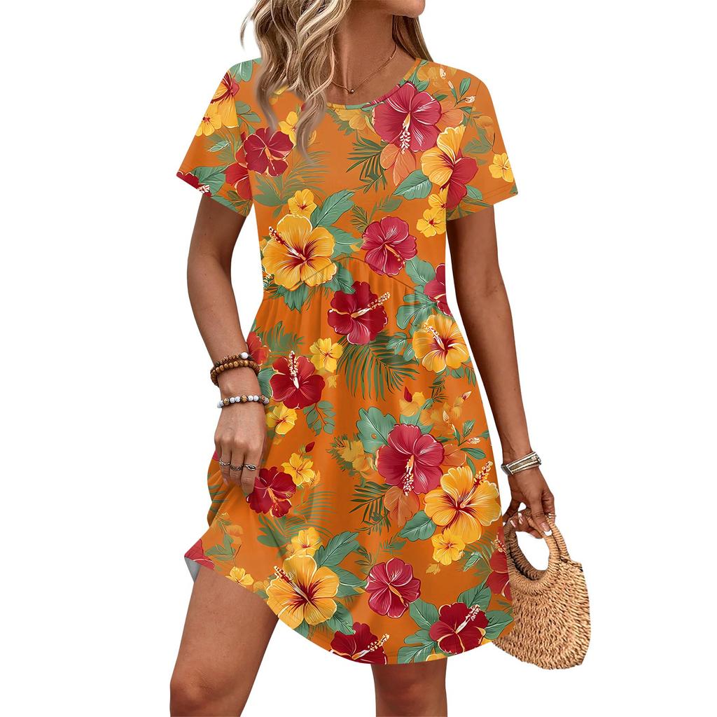 Dresses For Women Short Sleeve Print Round Neck Casual Dresses Waist Dress With Pockets
