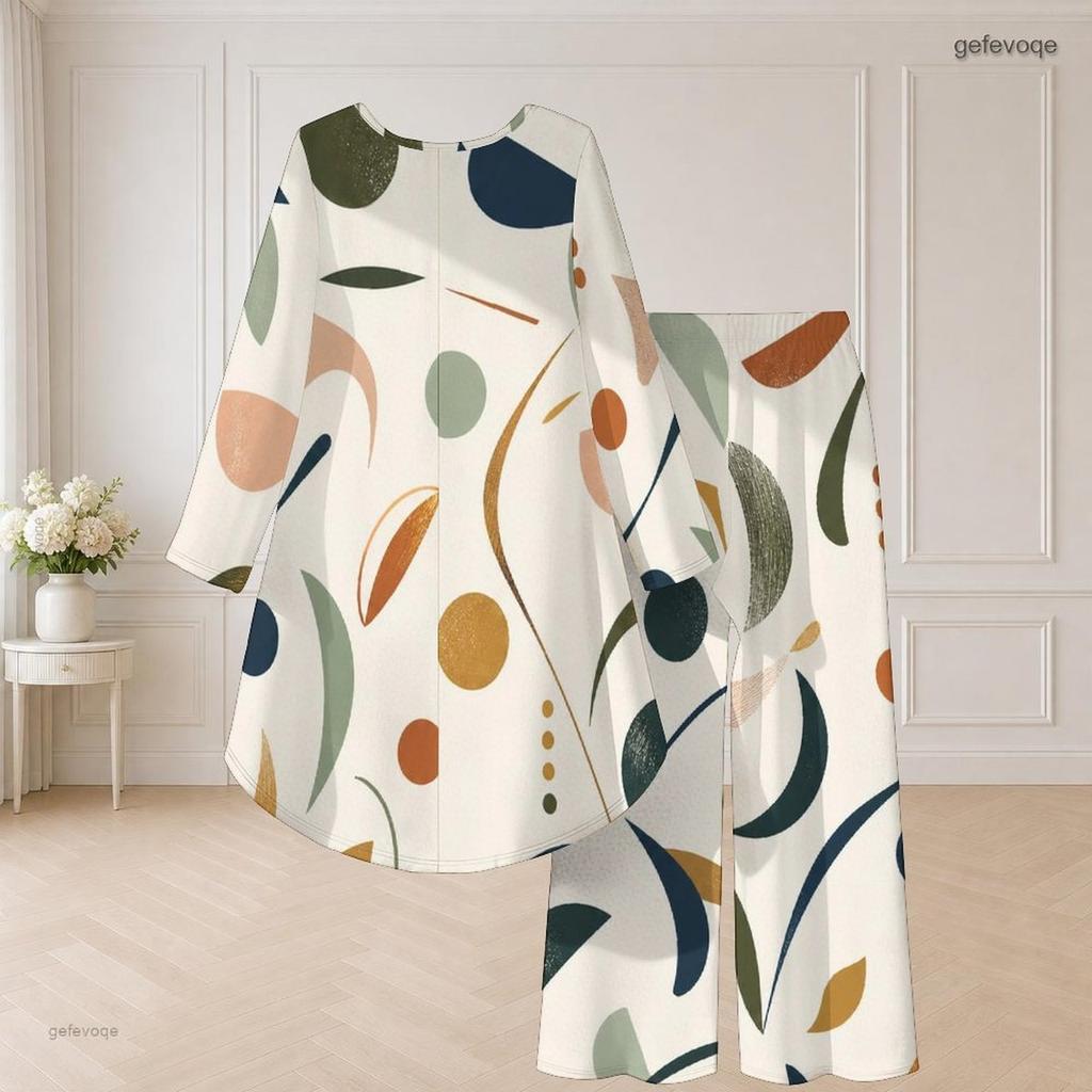 Women Plus Size Round Neck Long Sleeve Brown Beige Printed High Low Top Wide Leg Pants Two Piece Set