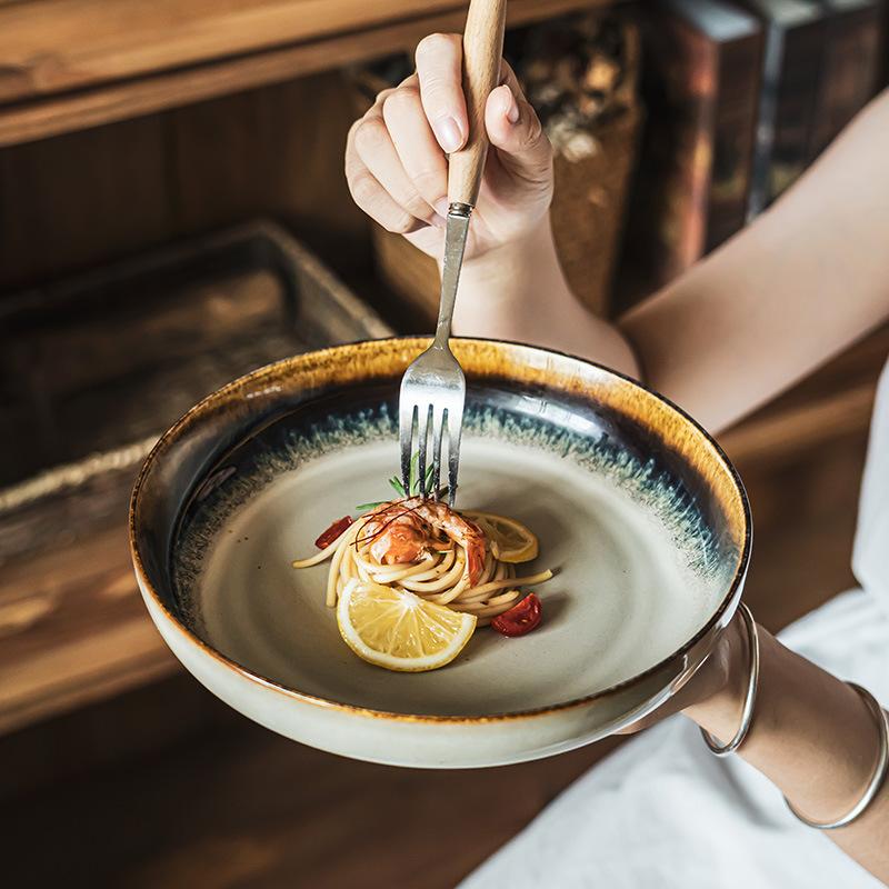 Retro Style Contrasting Color Kiln Change Glaze Ceramic Deep Plate Household Tableware Plate Creative Disc Pasta Plate Salad Plate Vegetable Plate