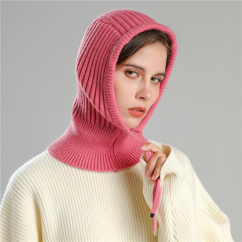 Winter Scarf And Hat Integrated For Outdoor Cycling, Warm Knit Scarf, Woolen Hat, Ear Protection, Solid Color Scarf, Drawstring