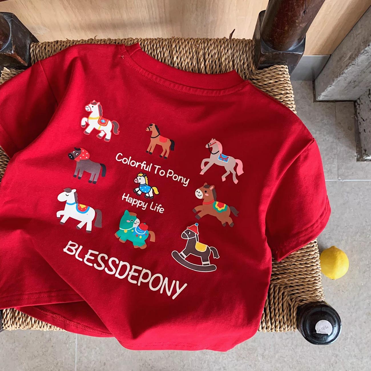 Boys Red Short Sleeve T Shirt with Pony Print Summer Casual Base Layer 80