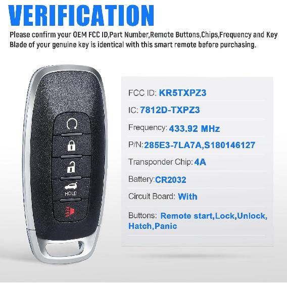 

Key Fob Keyless Entry Remote Control Replacement for Nissan Rogue Pathfinder 2022 2023 2024 KR5TXPZ3 4A Chip 5 Buttons 433.92MHz