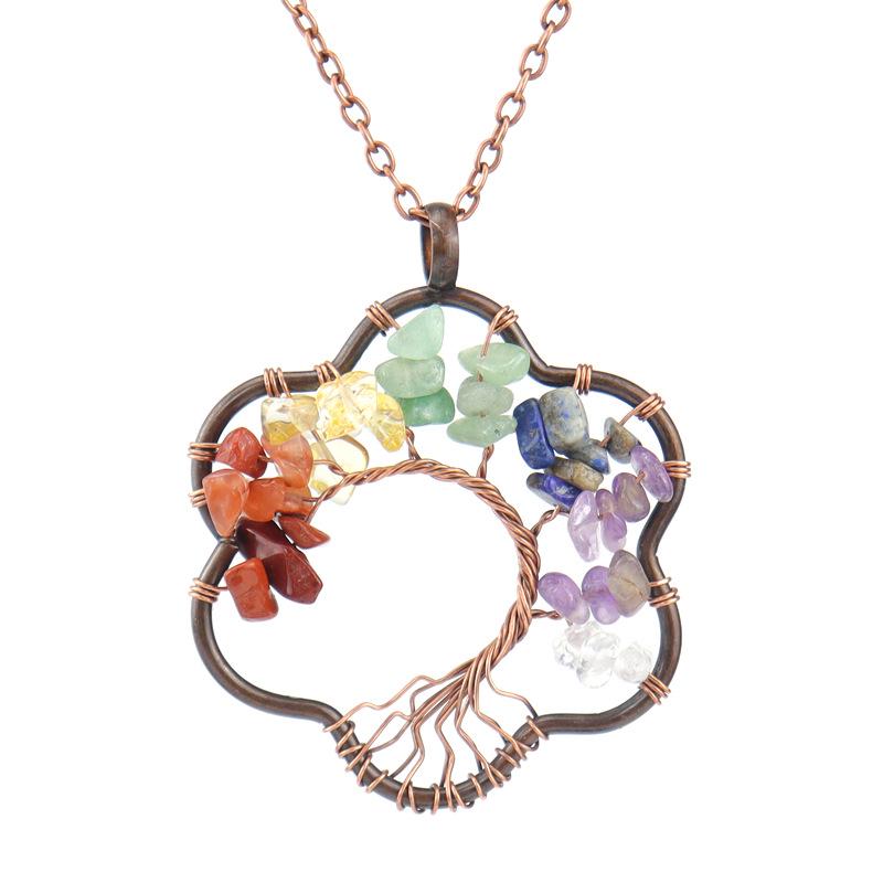 Vintage Sunflower Hand-Wound Tree of Life Necklace with Crushed Stone Crystal Pendant