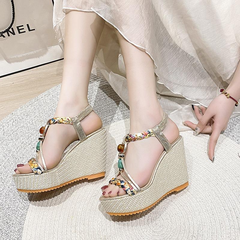 Large size elastic wedge heel sandals women's spring and summer new fashion high heel sandals women