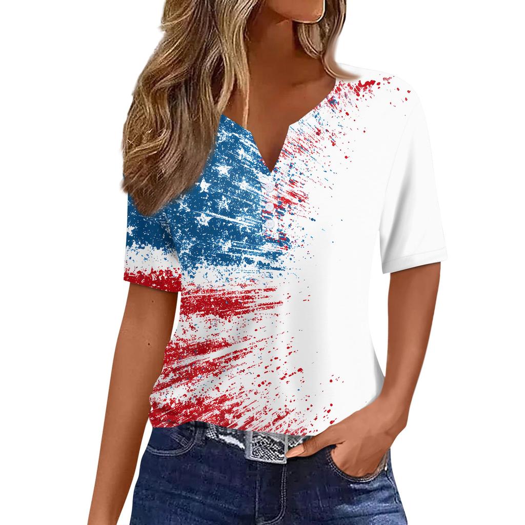 Women's T Shirt Independence Day Print Button Short Sleeve Daily Weekend Fashion Basic V- Neck Regular Top