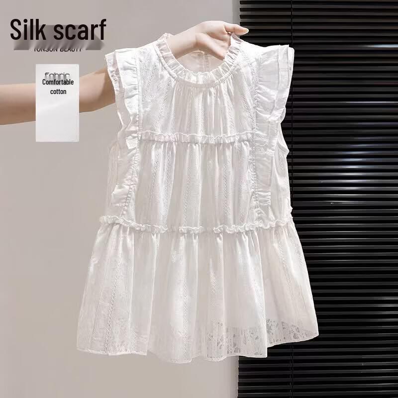 Elegant Sleeveless Ruffled Embroidered Blouse 2XL белый