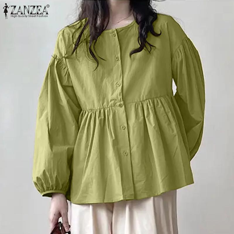 

ZANZEA Женская повседневная однотонная свободная блузка с круглым вырезом и длинными рукавами