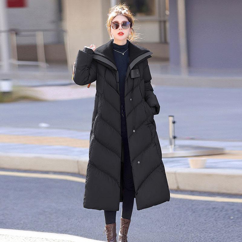 Long White Duck Down Jacket Women's 2025 Winter Fashion Knitted Lapel Thickened Over Knee Profile Jacket Tide