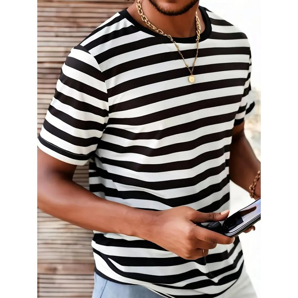 Modische gestreifte Grafik-T-Shirts für Herren Sommer lässige Alltagskleidung 3D-bedruckte Rundhals-Tees lockere Streetwear übergroße T-Shirts M black