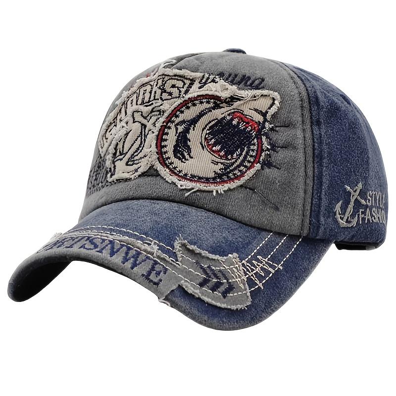 Soft Top Unisex Baseball Cap, Retro Washed Distressed Shark Embroidery Adjustable Outdoor Hat синий