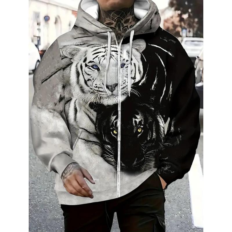 Herren Kapuzenpullover mit Reißverschluss und Tiger-Grafik, Langarm, Lässiger Outdoor-Mode-Mantel mit Kordelzug und Taschen, Reißverschluss-Kapuzenpullover für den Mann