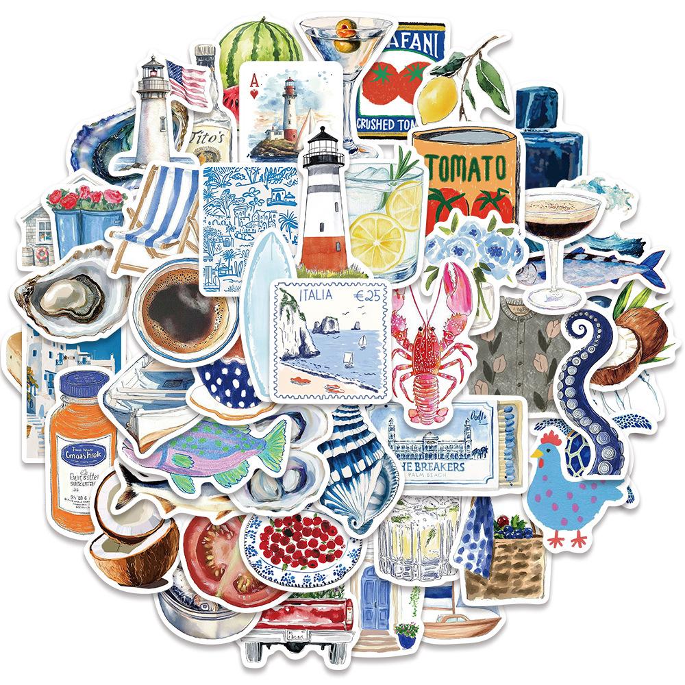 10/30/50pcs Vintage Watercolor Cartoon Open Sea Stckers Blue Coastal Life Graffiti Decals for Suitcase Car Aesthetic DIY Sticker
