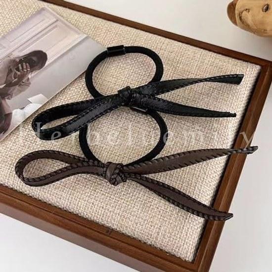 Herbeluemily Hair Tie Ribbon PU Leather 2-Piece Set Black Decorative Accessory Ornament Stylish Adult Brown Mixed HM-0020-R04-BKBN