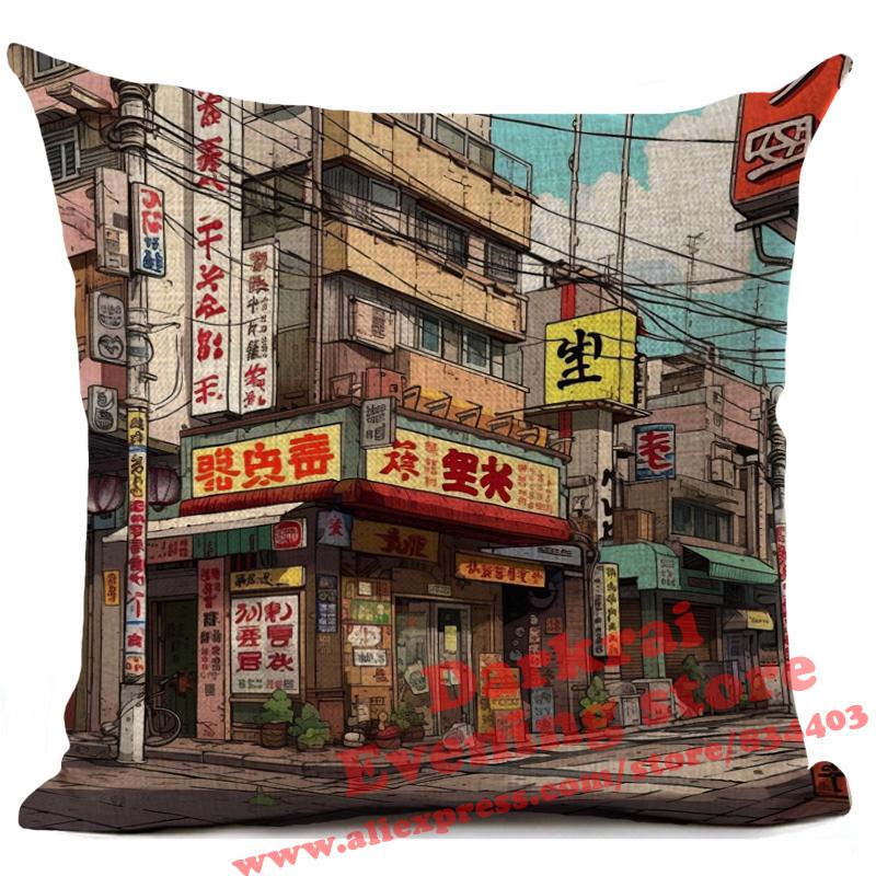 Cartoon Straßenecke Leinen Kissenbezug Japan Architekturstil Heimdekoration Wohnzimmer Sofa Dekokissen Hülle 45x45cm