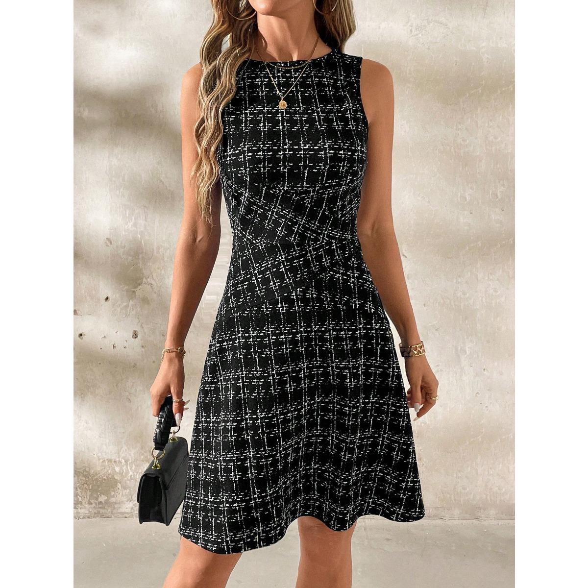 Women s Round Neck Sleeveless Midi Dress High Waist Casual Plaid Striped Print A Line Dress S чёрный