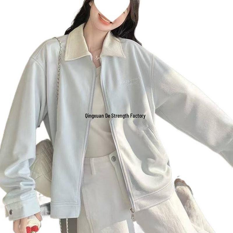 Women's Pink Patchwork Turn-Down Collar Jacket - Retro American Baseball Uniform Style for Spring & Autumn