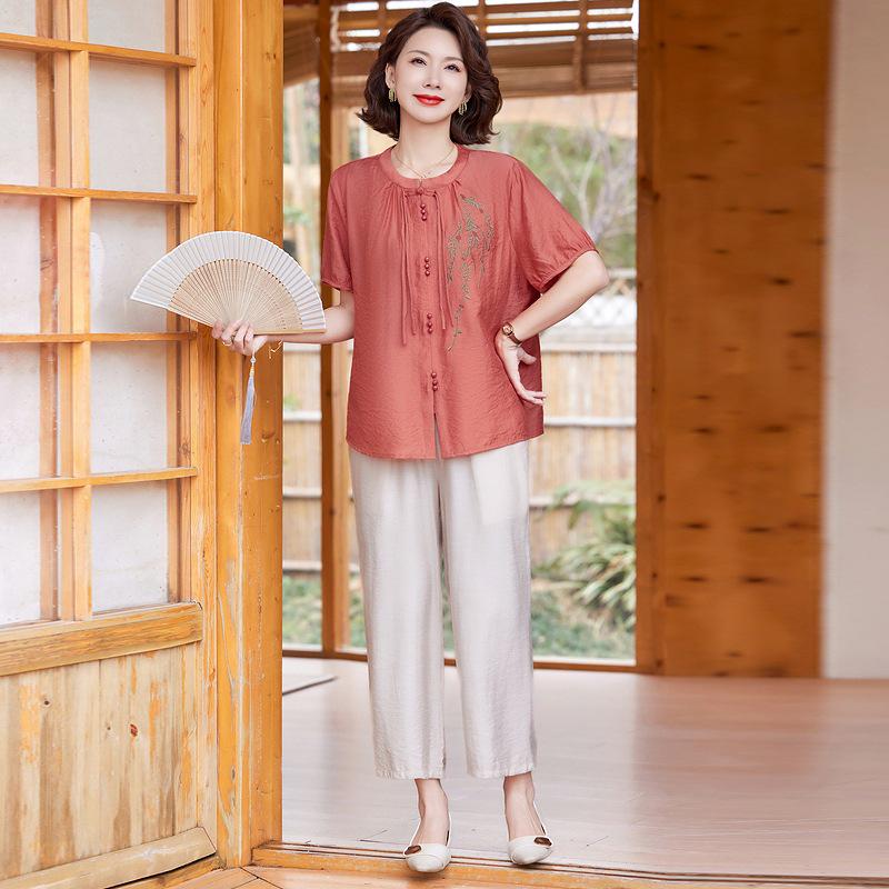 

Женский традиционный китайский летний костюм из хлопка и льна, состоящий из двух предметов, 2025 XL
