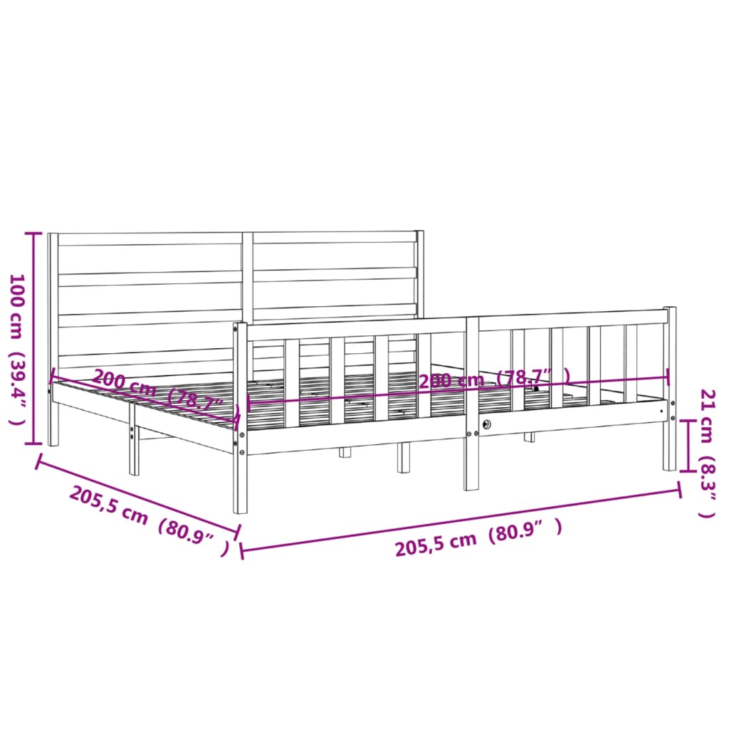 Solid Wood Bed with Headboard Black 200x200 cm